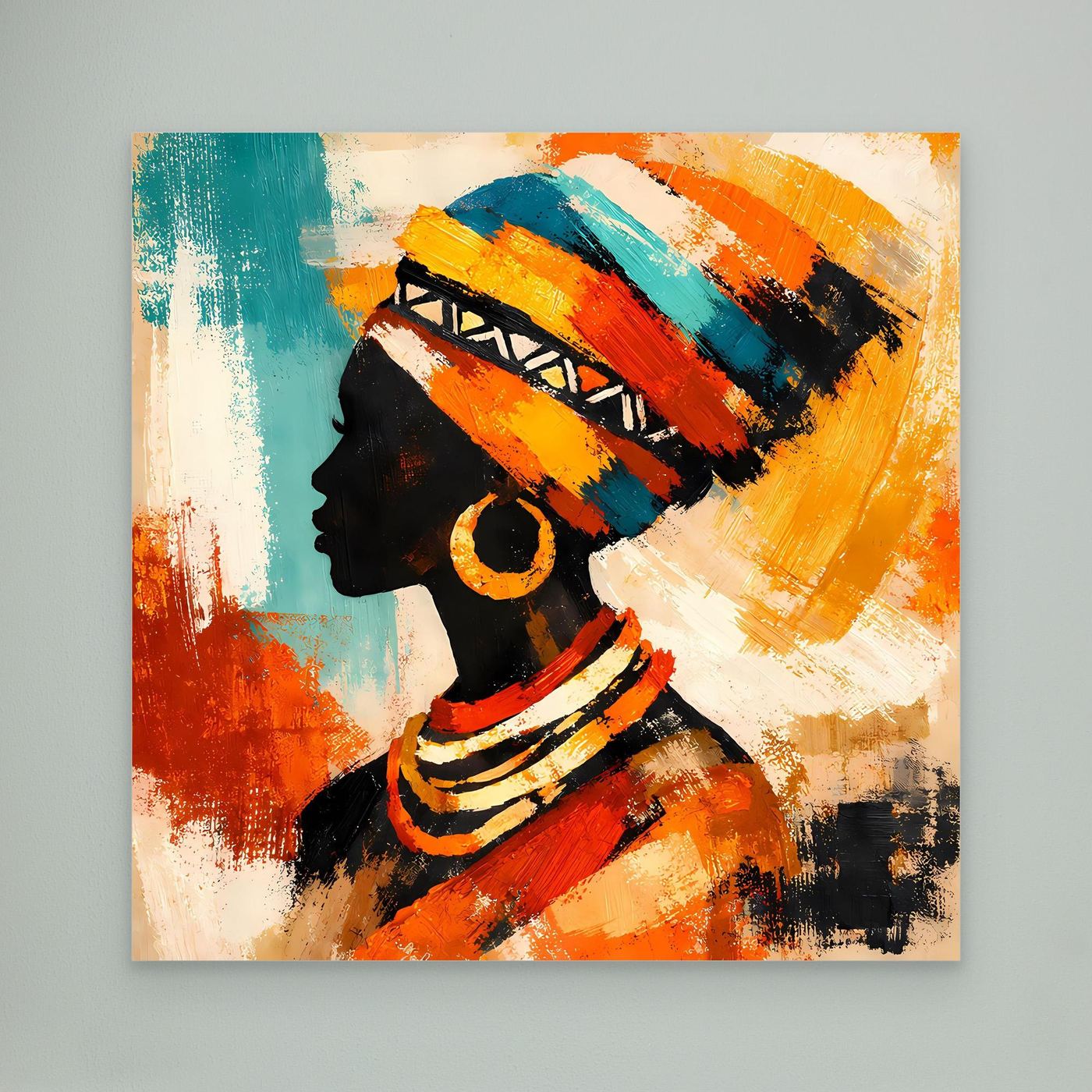 Abstract profile woman wall canvas with teal background, orange and yellow headwrap, red clothing
