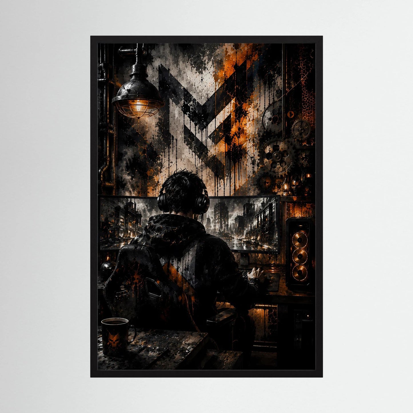 Gamer am PC in Schwarz & Orange | Industrial Gaming Art | Poster Hochformat