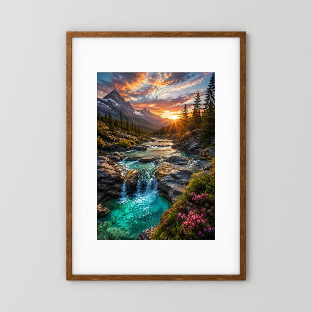 Hochformat-Poster mit braunem Holzrahmen: türkisblauer Wasserfall im Bergtal