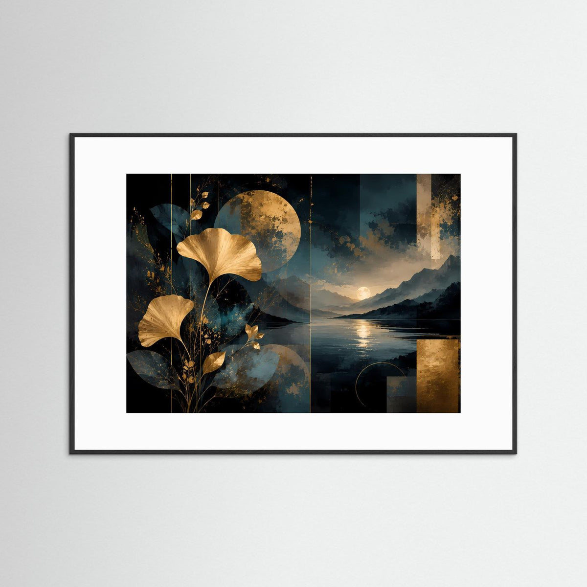 Abstraktes Naturkunst-Poster mit goldenen Ginkgo-Blättern und Bergsee-Szene, weiß gerahmt