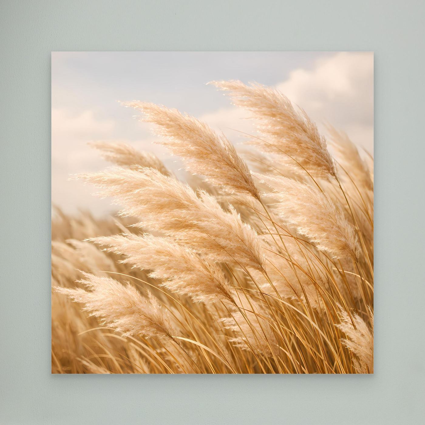 Leinwandbild mit wehenden Pampasgraswedeln in hellem Beige, quadratisch