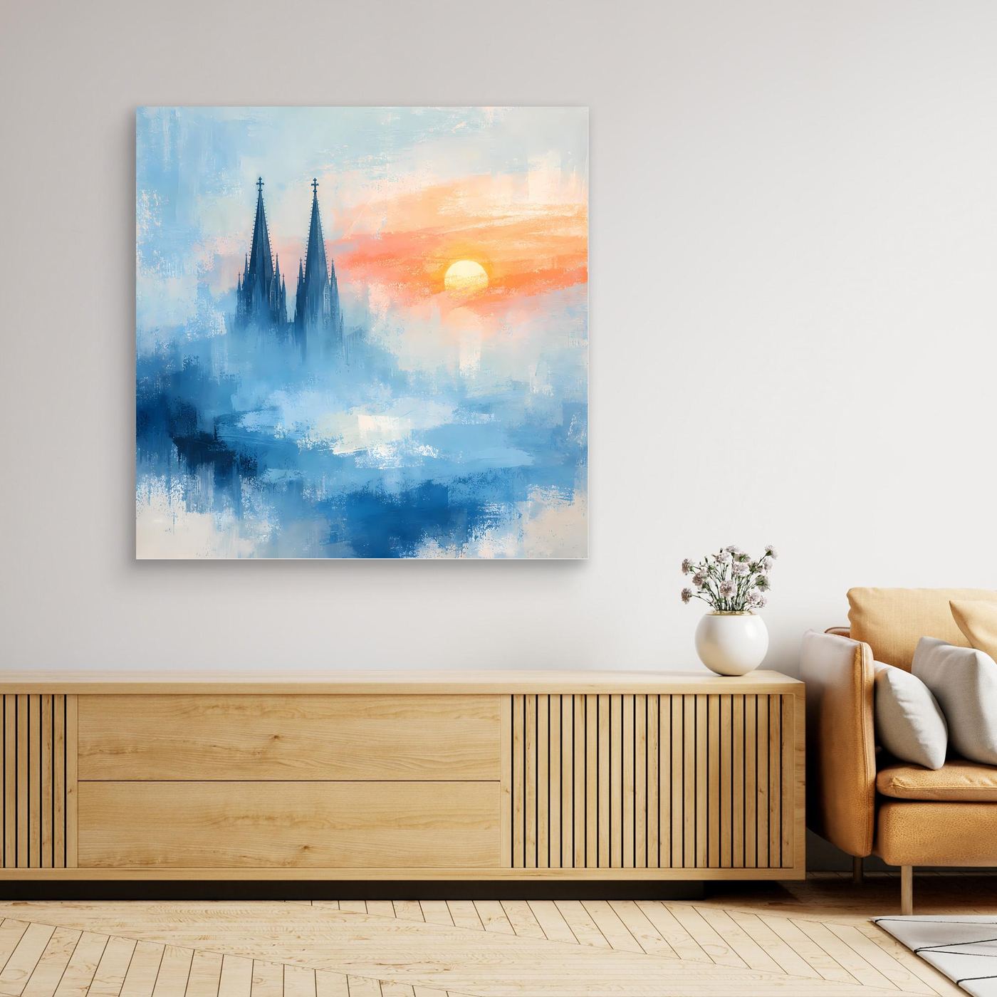Kölner Dom Silhouette in Nebelblau | Moderne Abstrakte Leinwand mit Sonnenaufgang