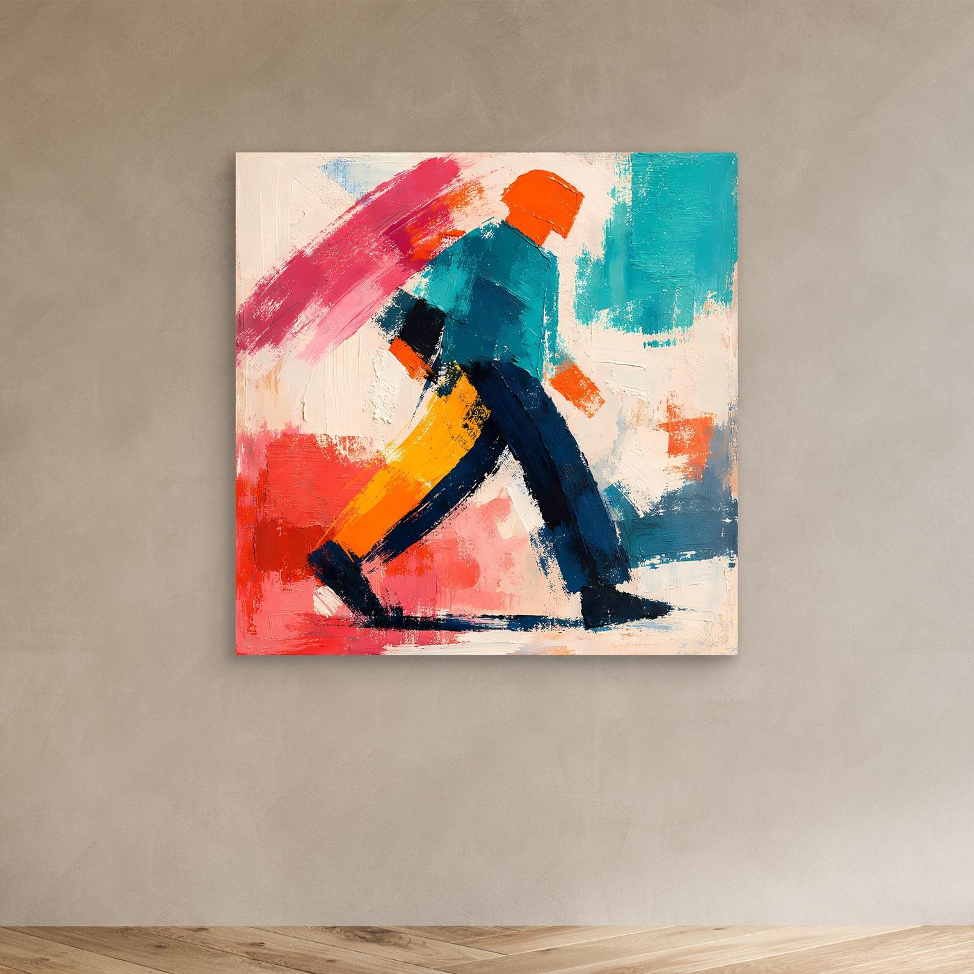 Abstract pop art wall painting with colorful strolling figure in red, teal and yellow