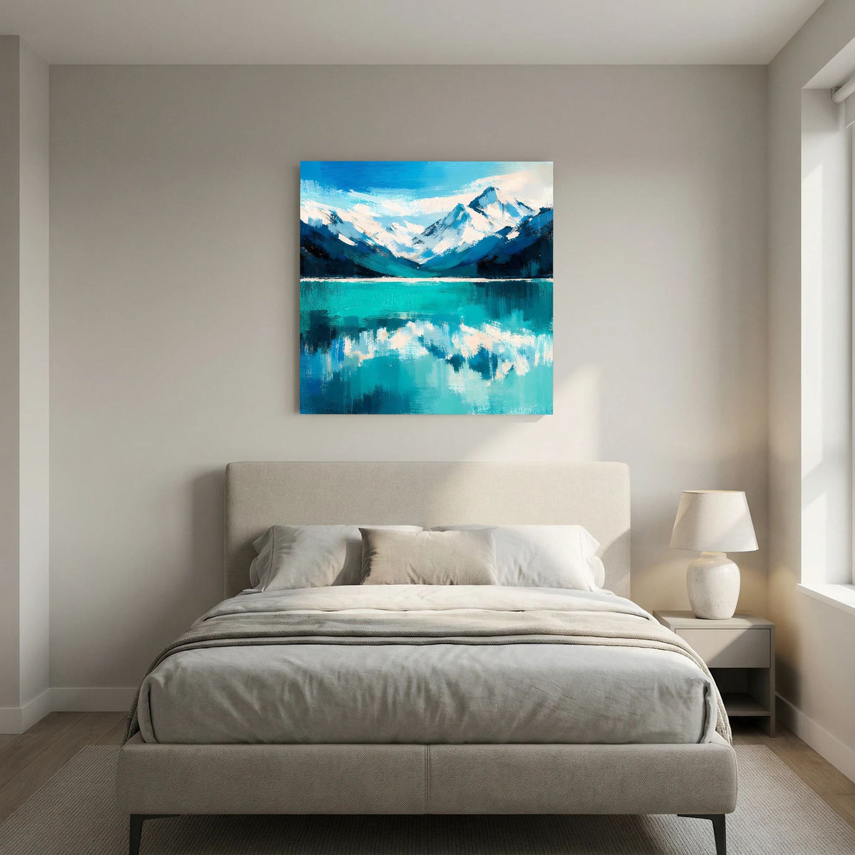 Leinwand Abstraktes Bergsee Gemälde | Modernes Alpines Wandbild Türkis Blau