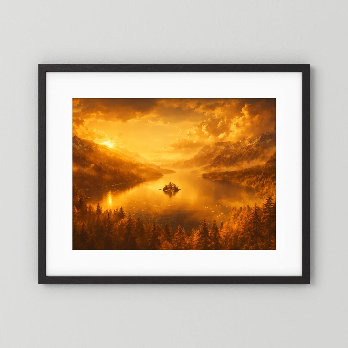 Wandbild im Querformat mit schwarzem Rahmen und weißem Passepartout: Bergseeabend