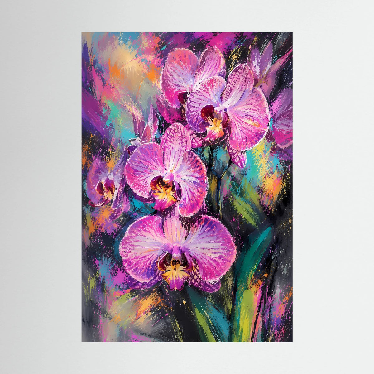 Kunstposter mit abstrakten Orchideen in Pink und Violett, Details im Hochformat