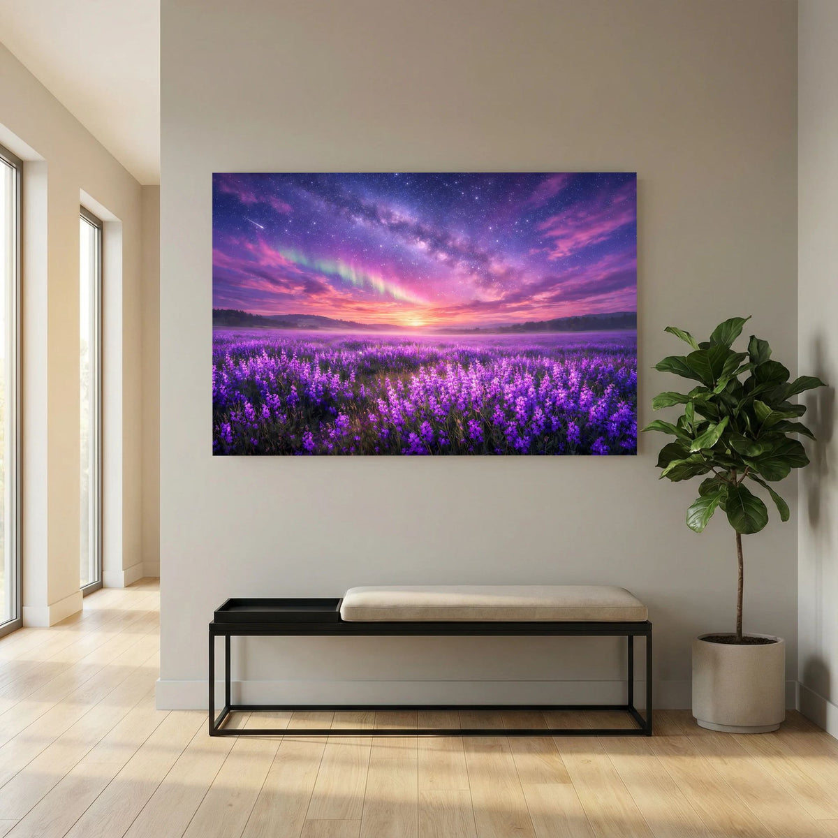 Querformatiges Wandbild mit Lavendelfeld, Sternenhimmel und Sonnenuntergang in Violettfarben