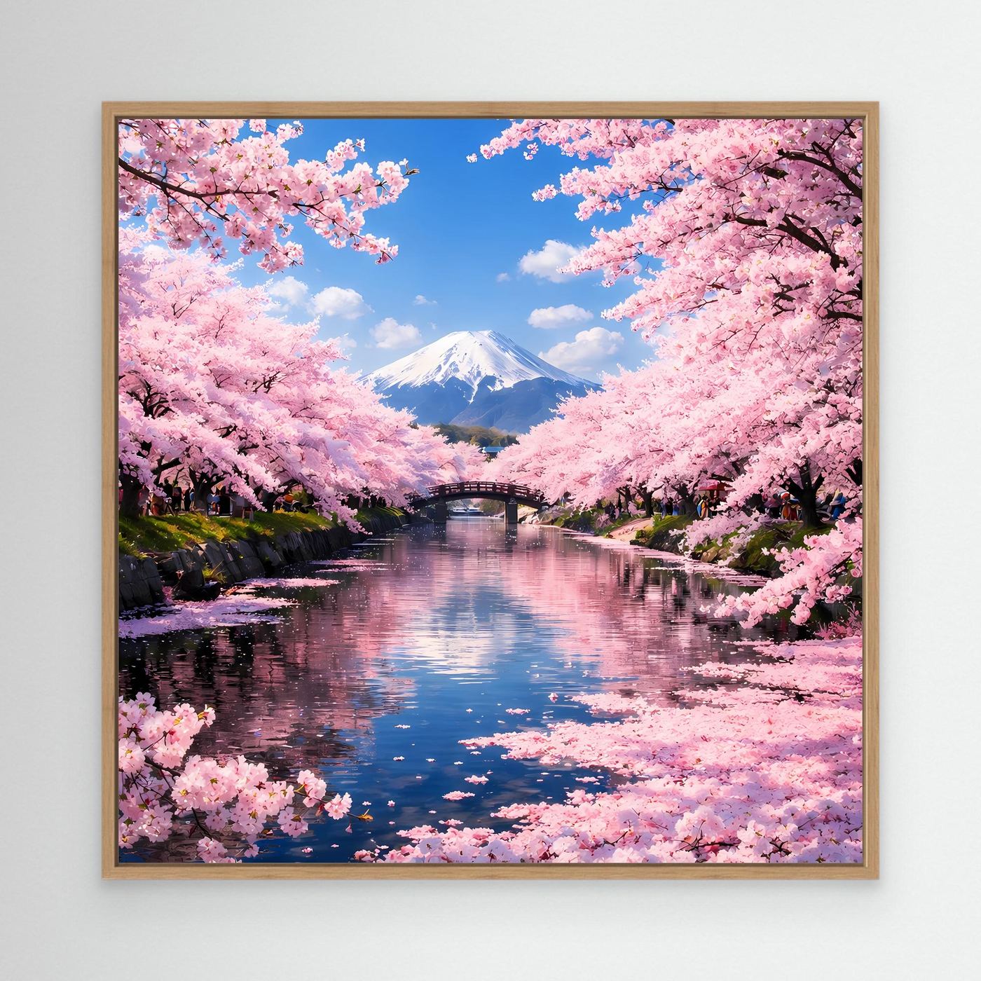 Leinwandbild mit Kirschblüten, Fluss und Fuji-Motiv im braunen Holzrahmen