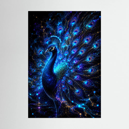 Pfauenposter mit schwarzer Umrandung: leuchtender blauer Pfau vor violettem Muster