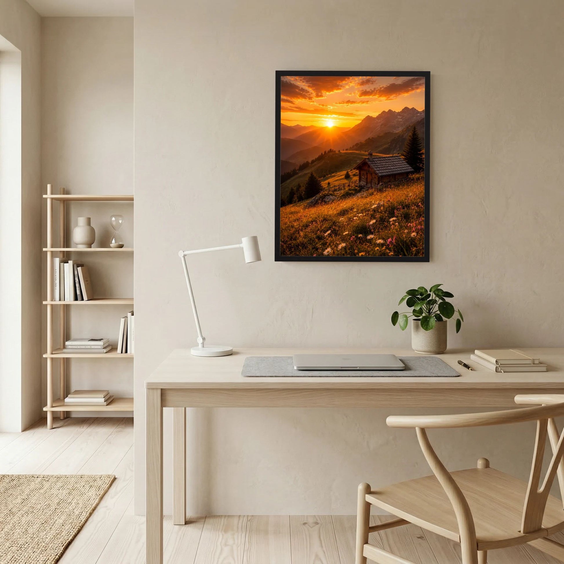 Hochformat-Poster mit Alpenhütte im Sonnenuntergang, dunkler Rahmen