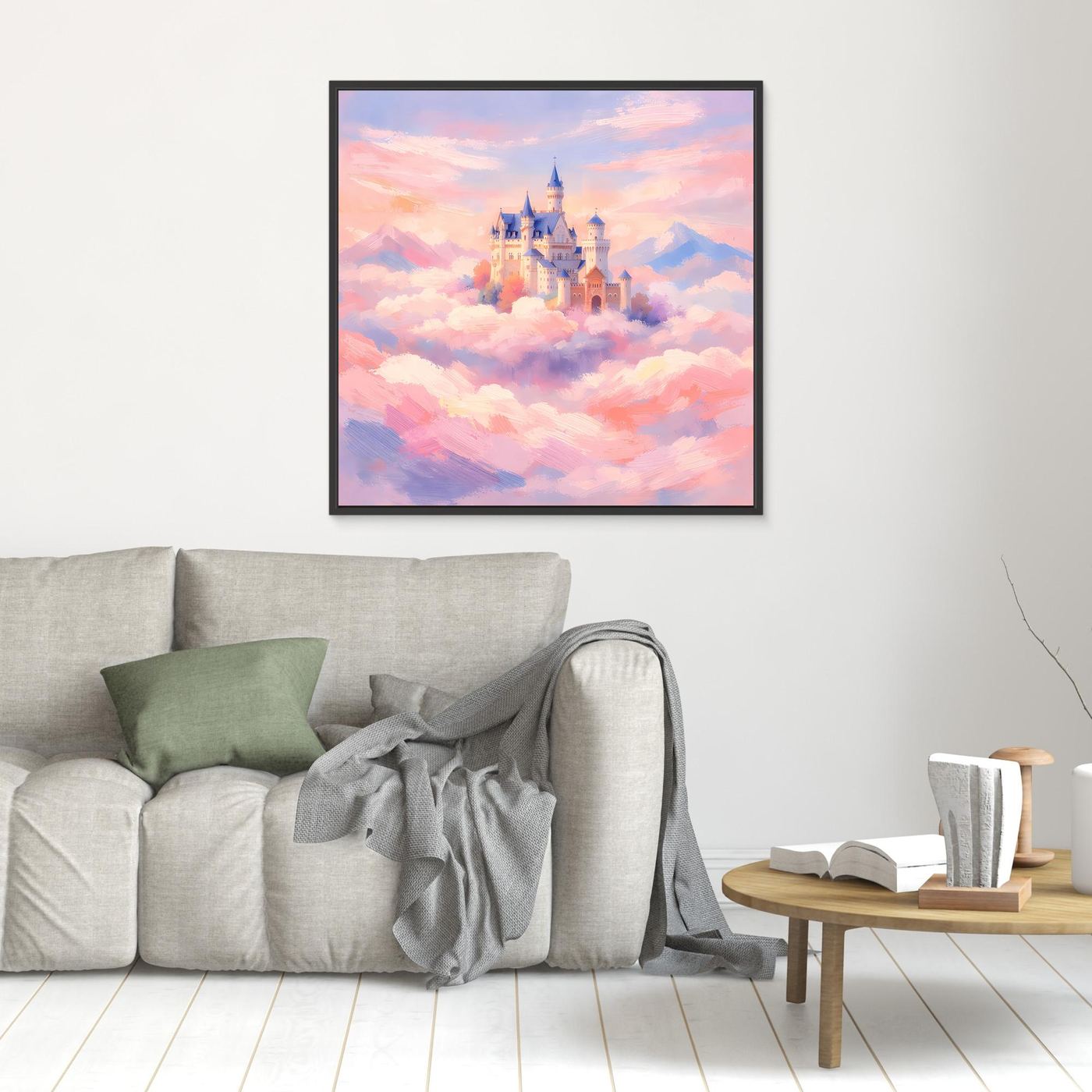 Leinwand Schloss Neuschwanstein über Wolken | Märchenhafte Pastelltöne Wandbild