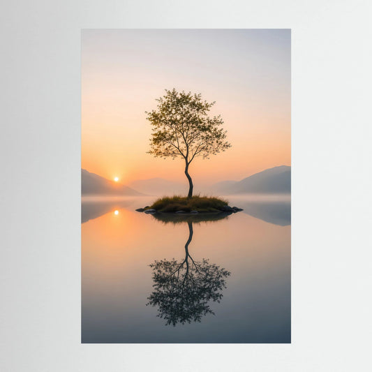 Poster im Hochformat: einsamer Baum auf einer Insel mit Spiegelung im See