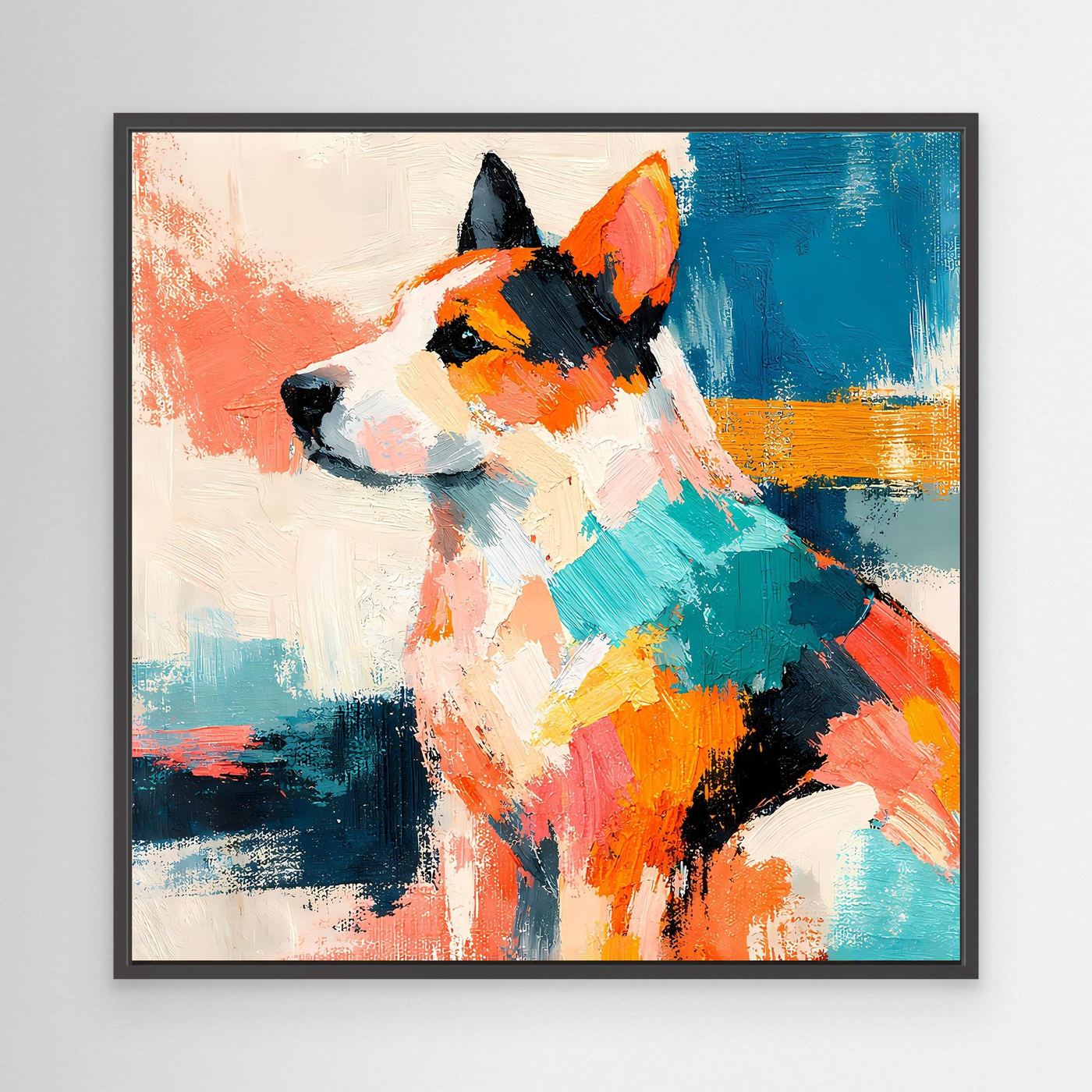 Leinwand-Wandbild mit abstraktem Hund im Pop-Art-Stil, schwarzer Rahmen