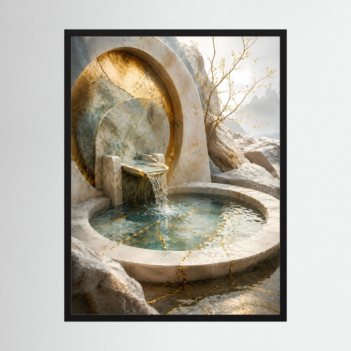 Poster im Hochformat mit rundem Steintrog und plätscherndem Wasser, goldene bogenartige Fassade