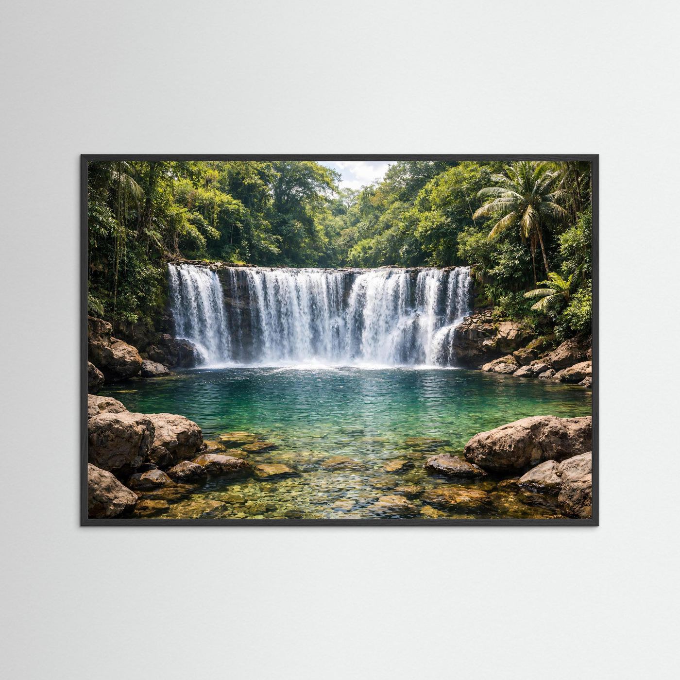 Querformat-Poster mit Dschungel-Wasserfall und Naturbecken, schwarzer Rahmen