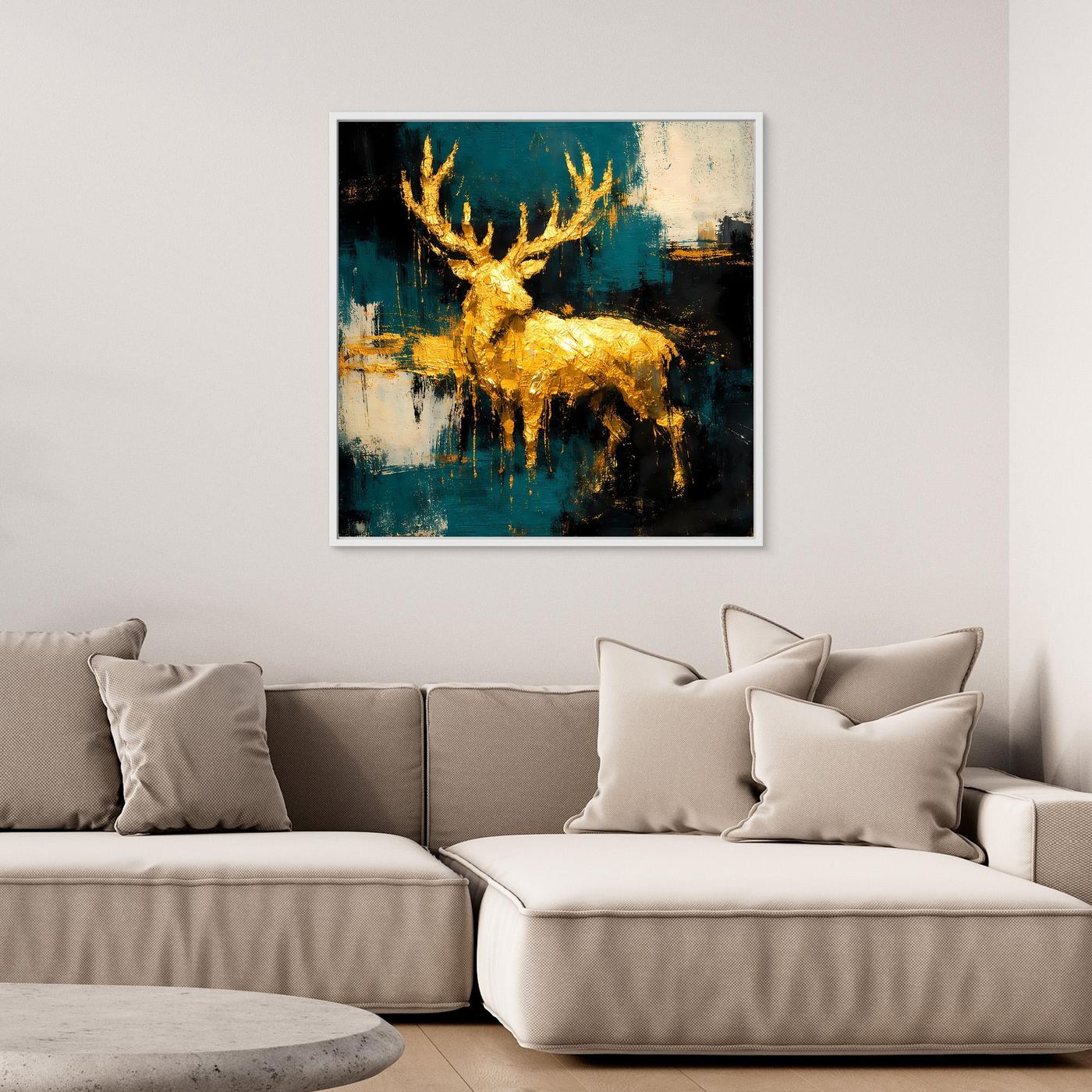 Leinwand Goldener Hirsch in abstrakter Landschaft | Modernes Edel-Tier Wandbild