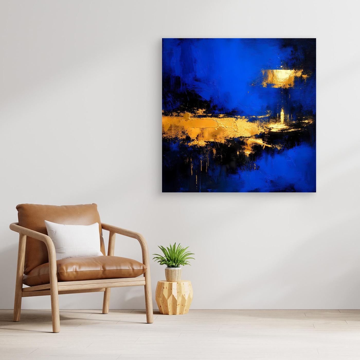 Leinwand Abstrakte Meereslandschaft bei Nacht | Modernes Küsten Wandbild in Blau und Gold