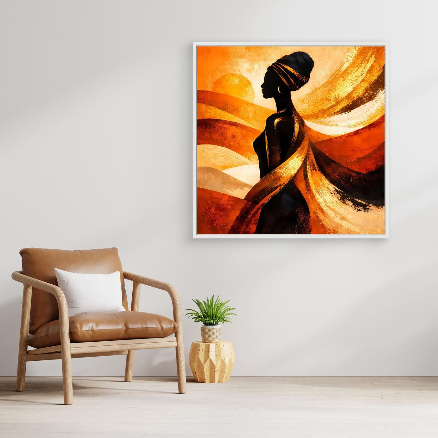 Quadratisches Leinwandbild mit Silhouette afrikanischer Frau, abstrakt in Orange und Gold, goldener Rahmen