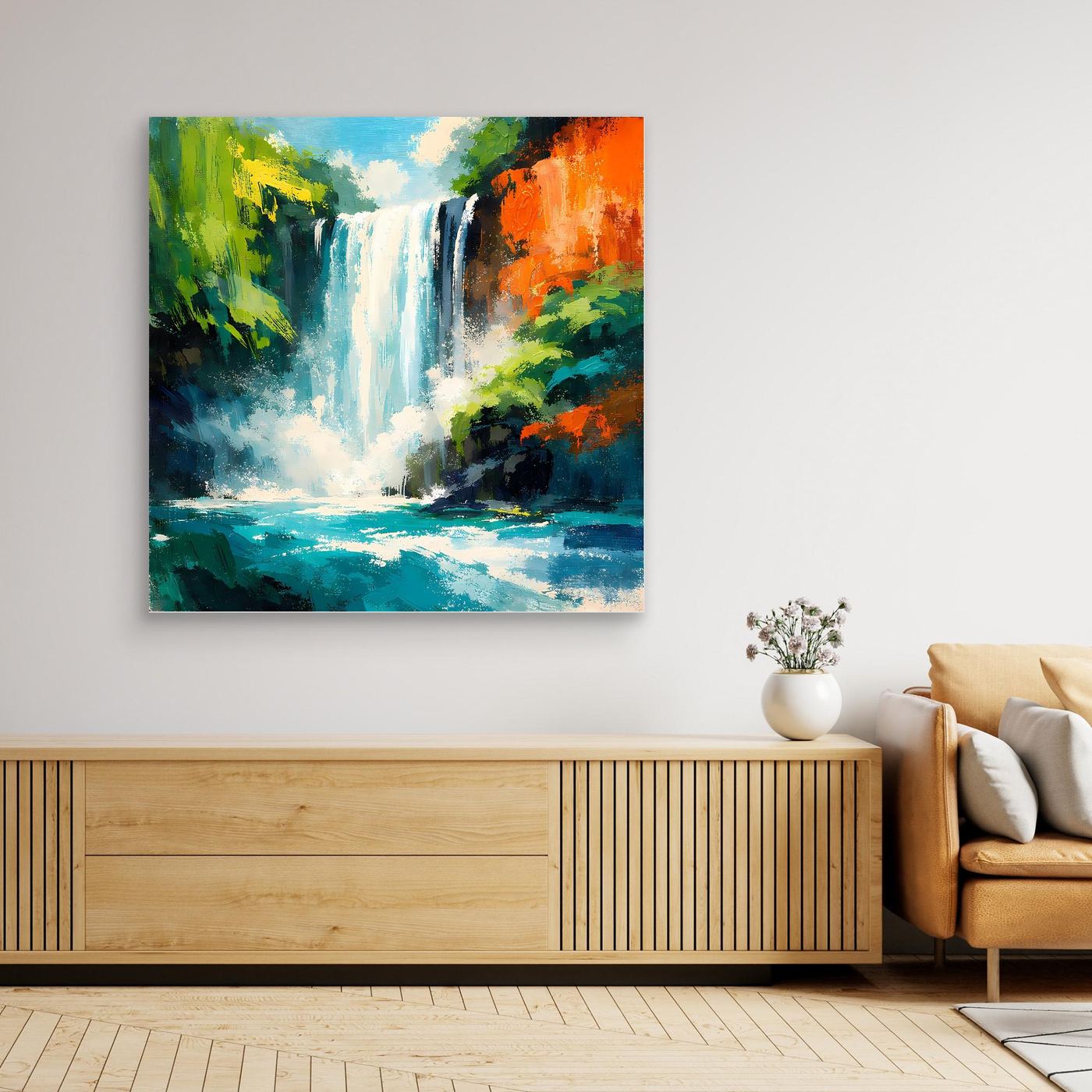 Leinwand-Wandbild mit Wasserfallmotiv im Urwald, grün und orange akzentuierte Vegetation