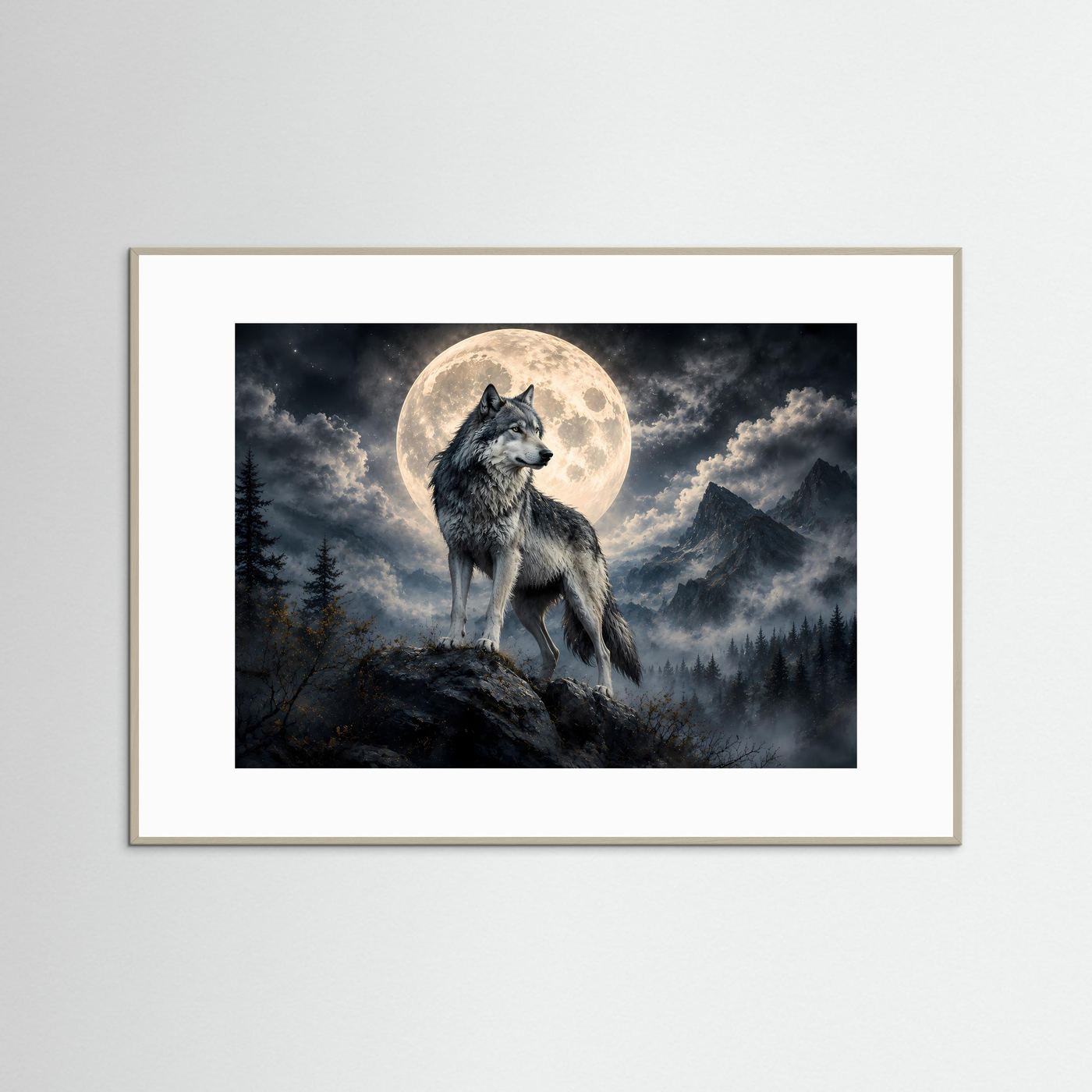 Wolf vor Vollmond Poster | Mystische Berglandschaft bei Nacht | Majestätischer Wolf Wandbild | Mondlicht Naturkunst | Premium Leinwand & Wall Art