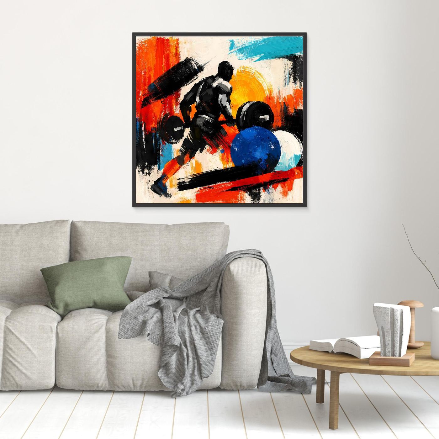 Black-framed canvas wall art with an abstract bodybuilder lifting weights in red, blue, black.
