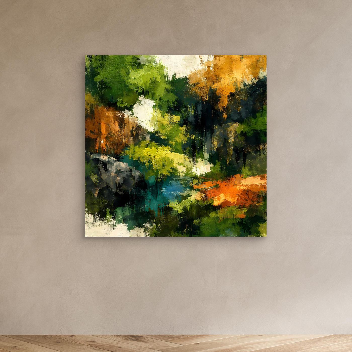 Leinwand-Wandbild mit abstrakter Waldlandschaft und Fluss: grün, gelb, orange