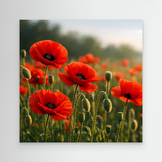 Klatschmohn-Wandbild mit weißem Rand, rote Blüten und grüne Kapseln im Feld
