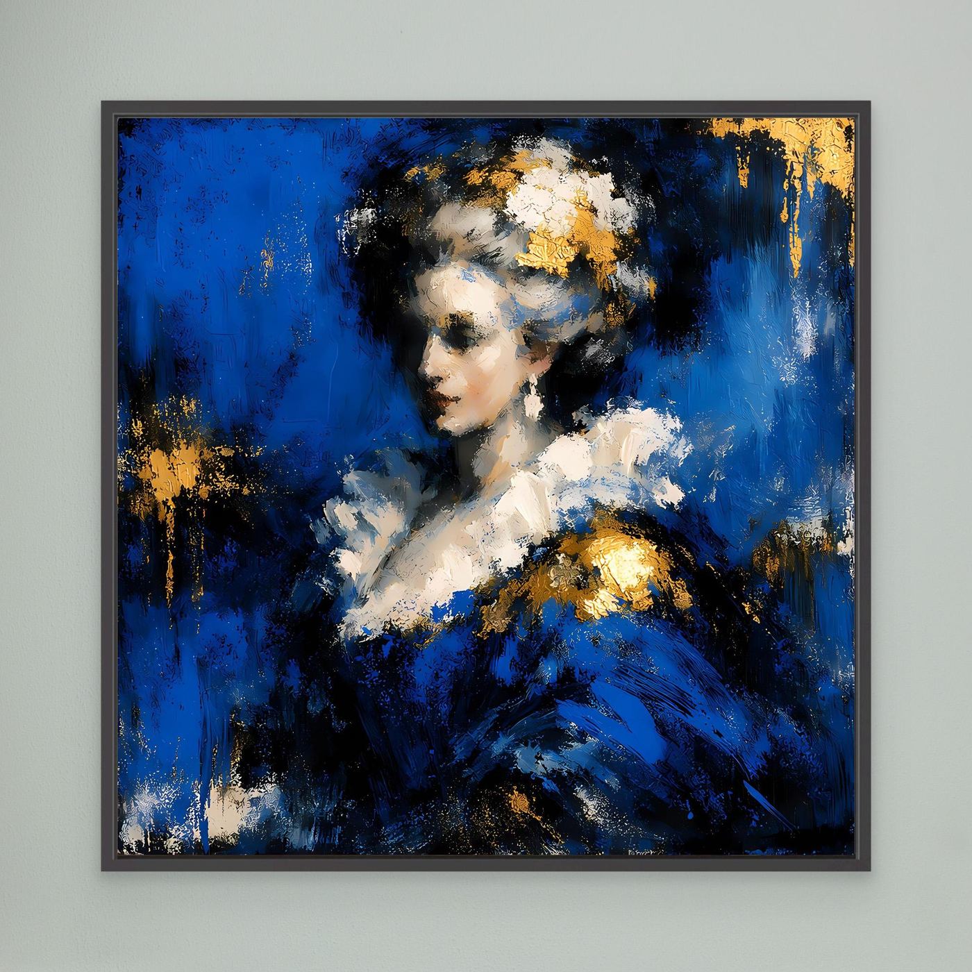Leinwand Elegante Barock-Dame in Blau und Gold | Abstraktes Porträt Wandbild