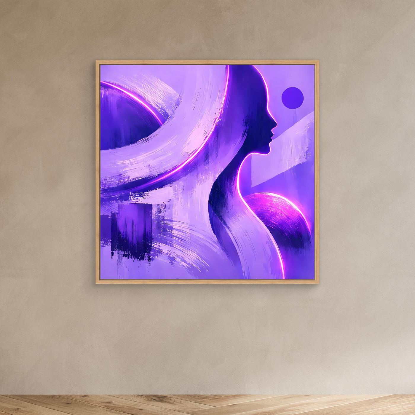 Leinwandbild mit Frauensilhouette in Lila-Neon, braunem Rahmen und runder Lichtfläche