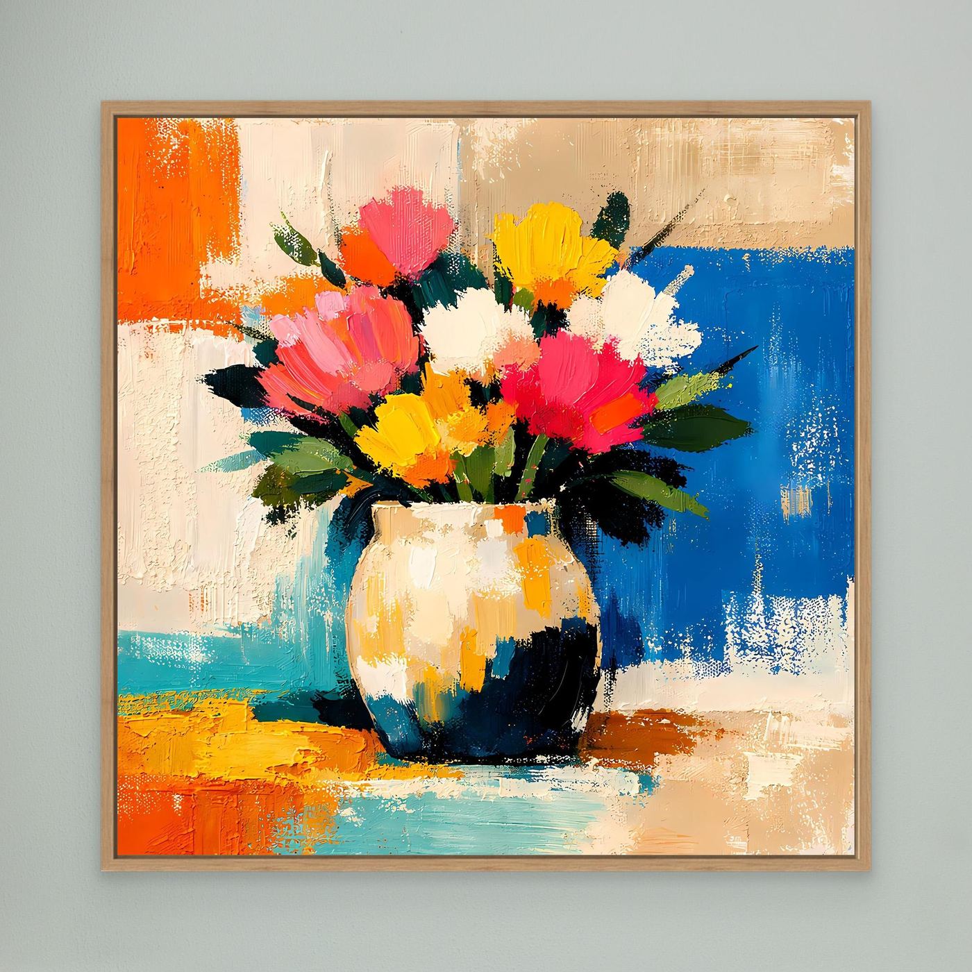 Oak framed canvas wall art with colorful bouquet in a vase, abstract orange blue