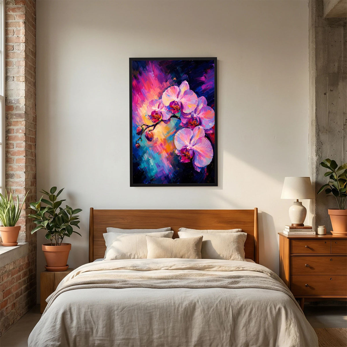 Kunstposter im Hochformat mit abstrakten Orchideenblüten in Pink, Violett und Blau, schwarzer Rahmen