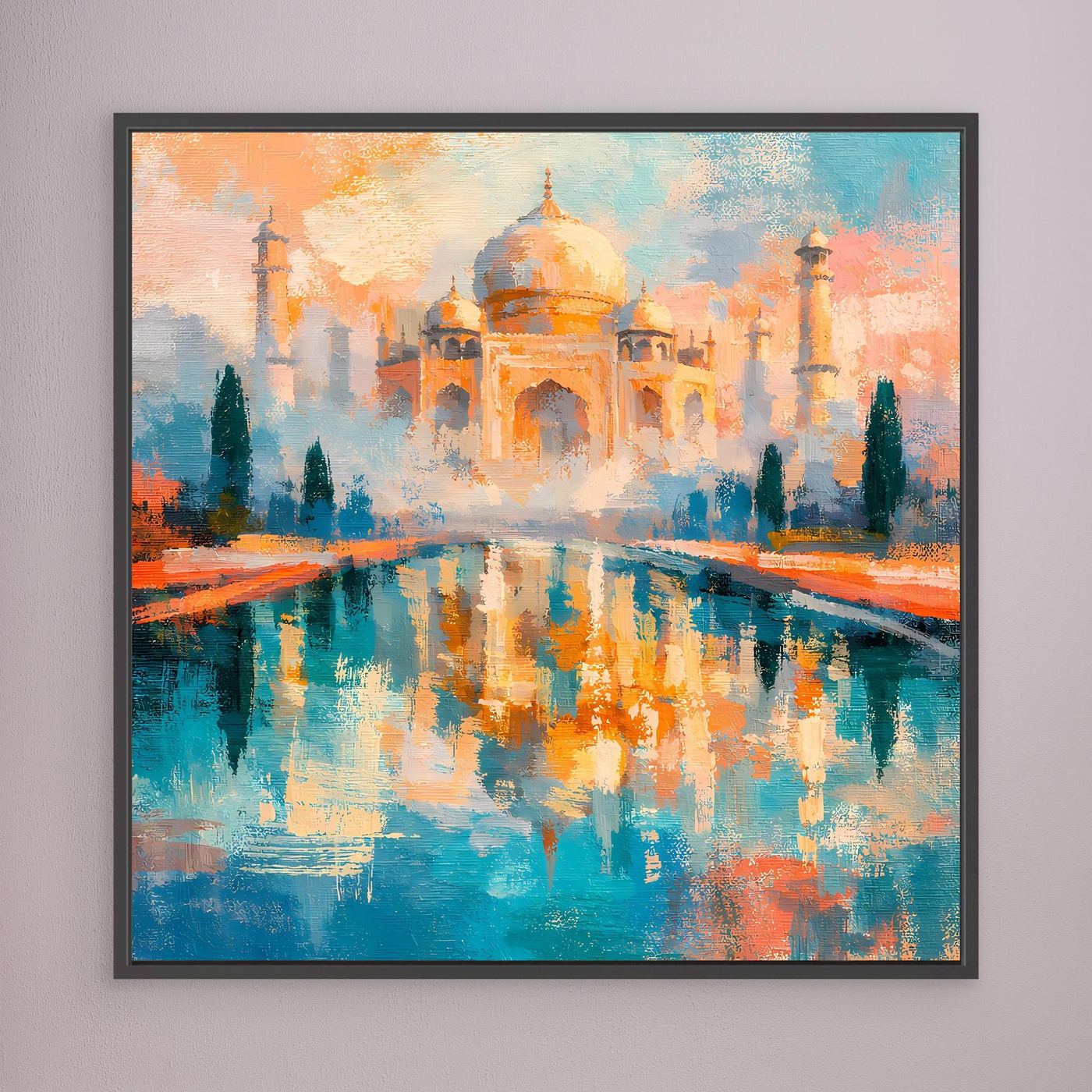 Wandbild mit abstrakter Taj-Mahal-Darstellung und Spiegelung im Wasser, dunkel gerahmt