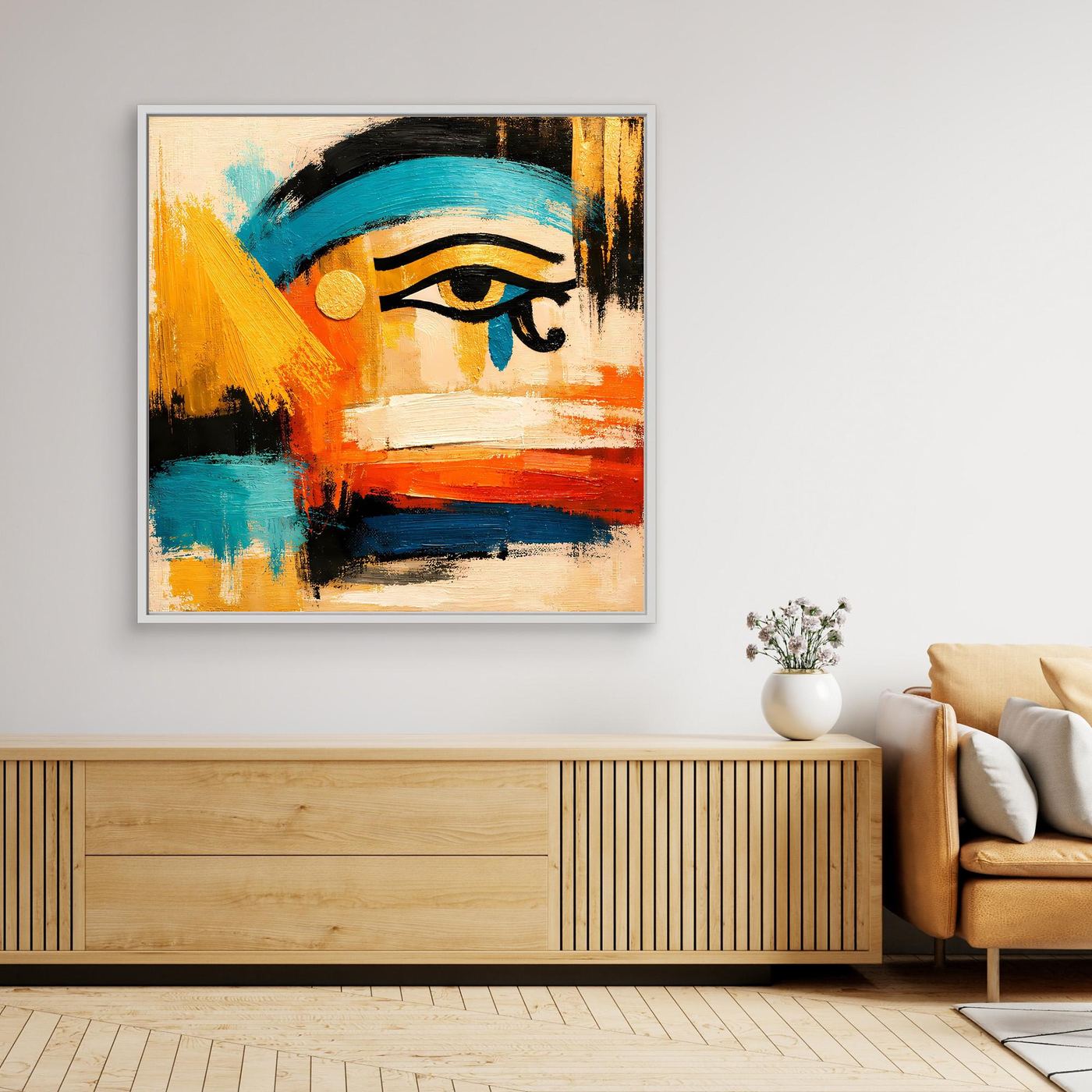 Framed canvas wall art with abstract Horus eye in teal, black, orange, and white