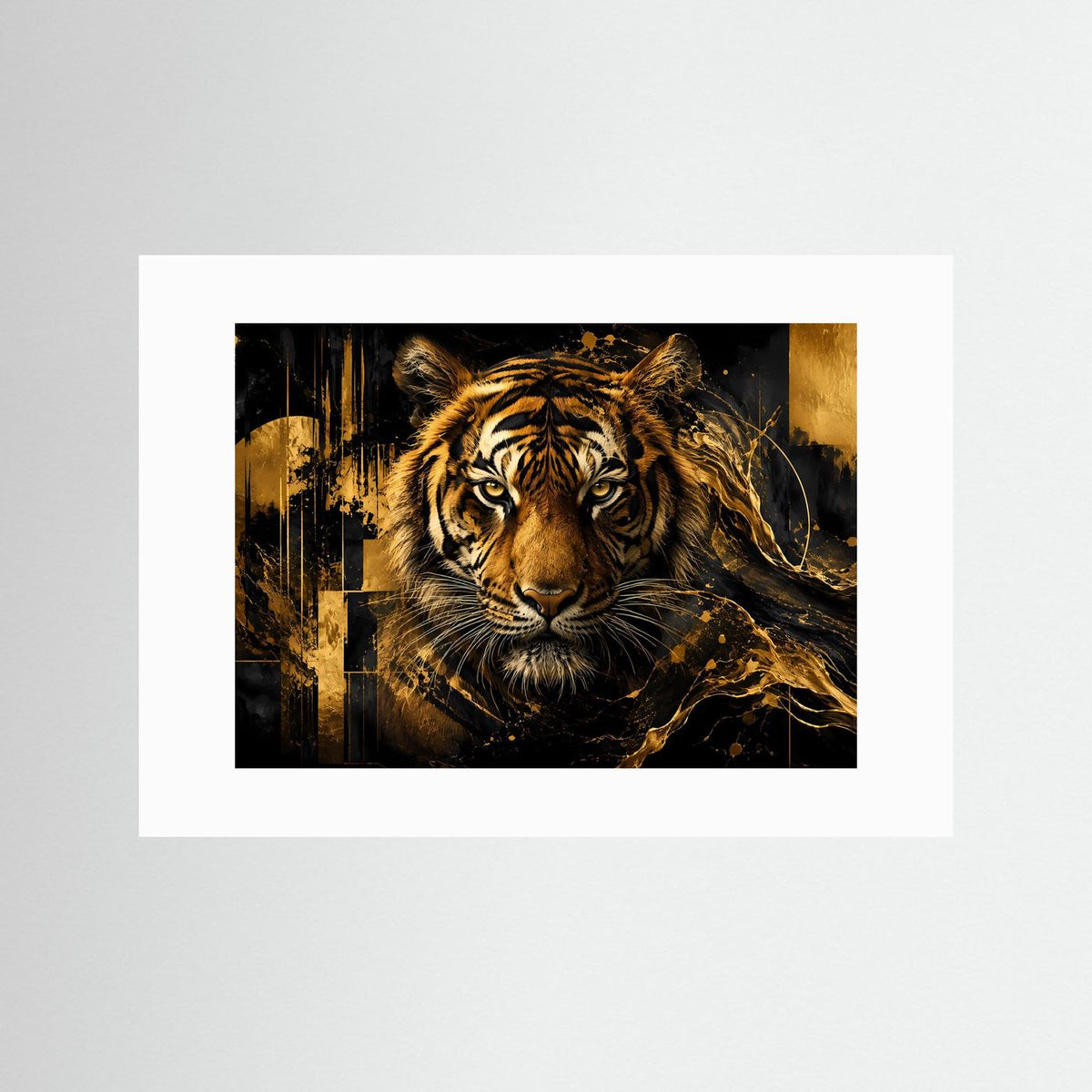 Poster im Querformat mit Tiger in Schwarz und Gold, mit weißem Passepartout