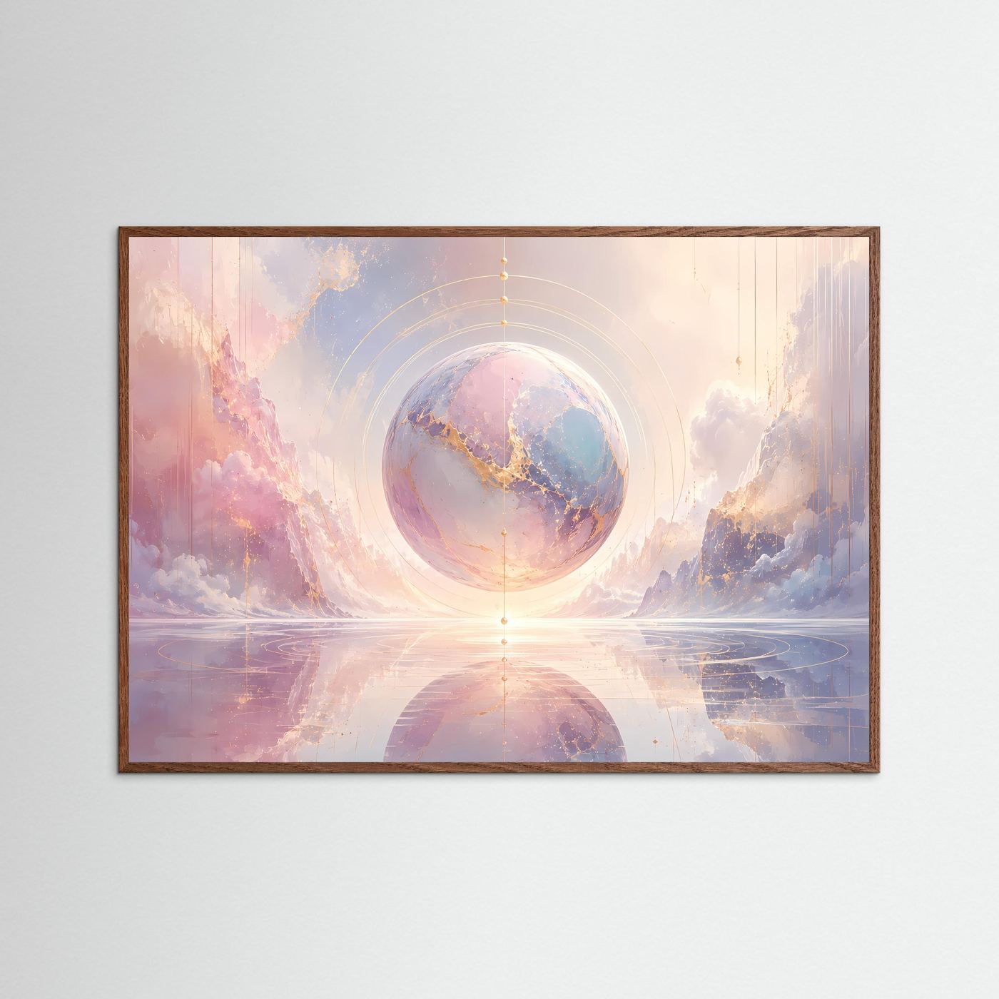 Abstrakte Sphäre Poster | Pastell Kosmos Wandbild mit Goldakzenten | Moderne Surreale Himmelskunst Querformat