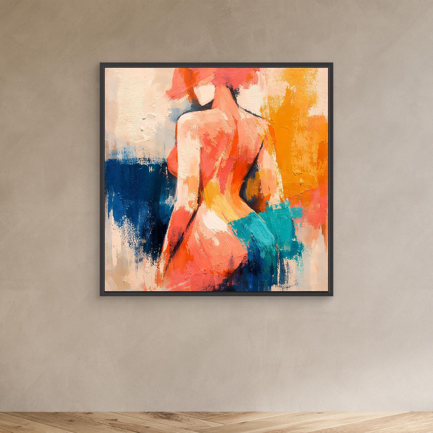 Small abstract black-framed canvas wall art of a nude woman from behind in orange, teal, blue