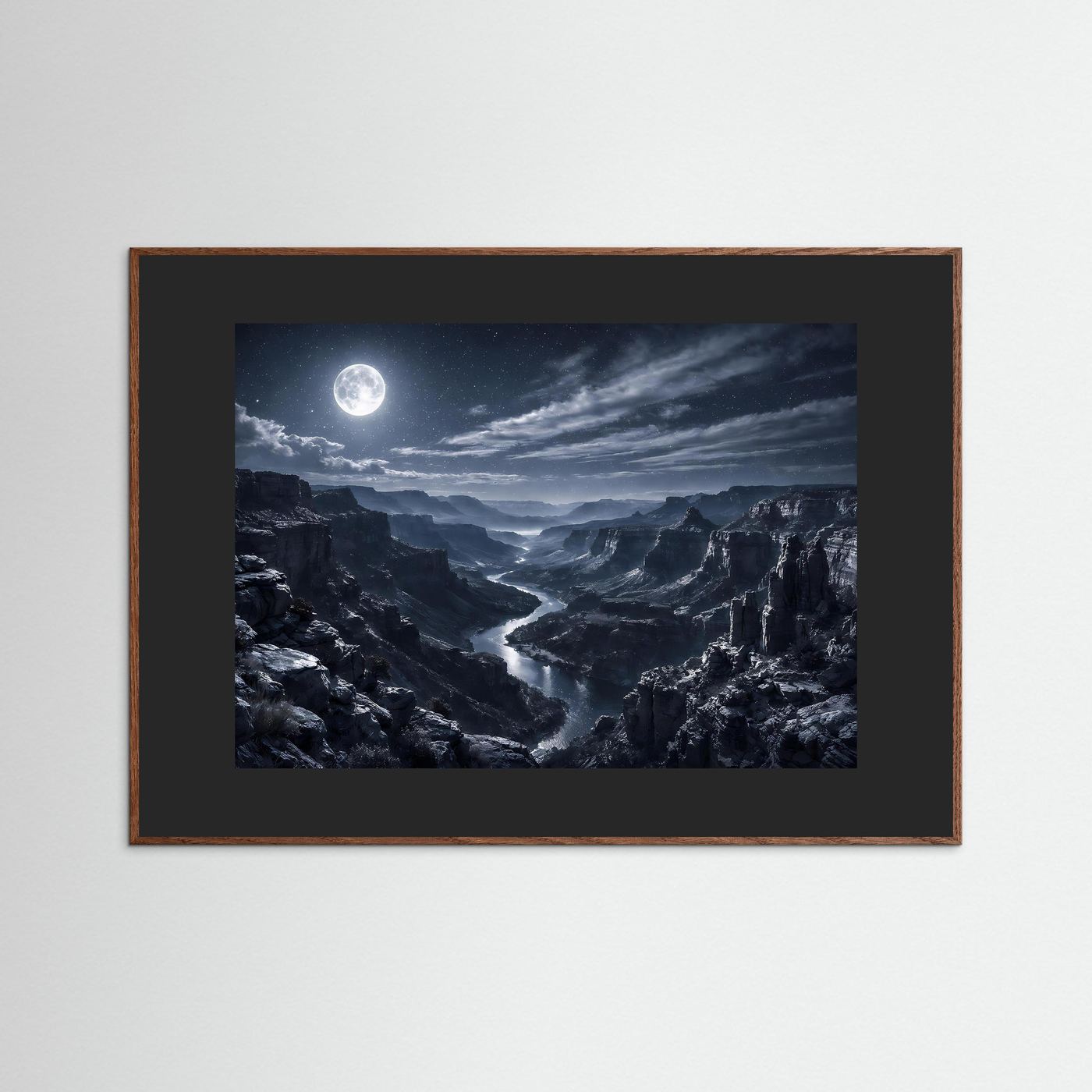 Wandbild-Poster mit dunklem Holzrahmen und mondbelebter Canyonlandschaft im Nachtstil