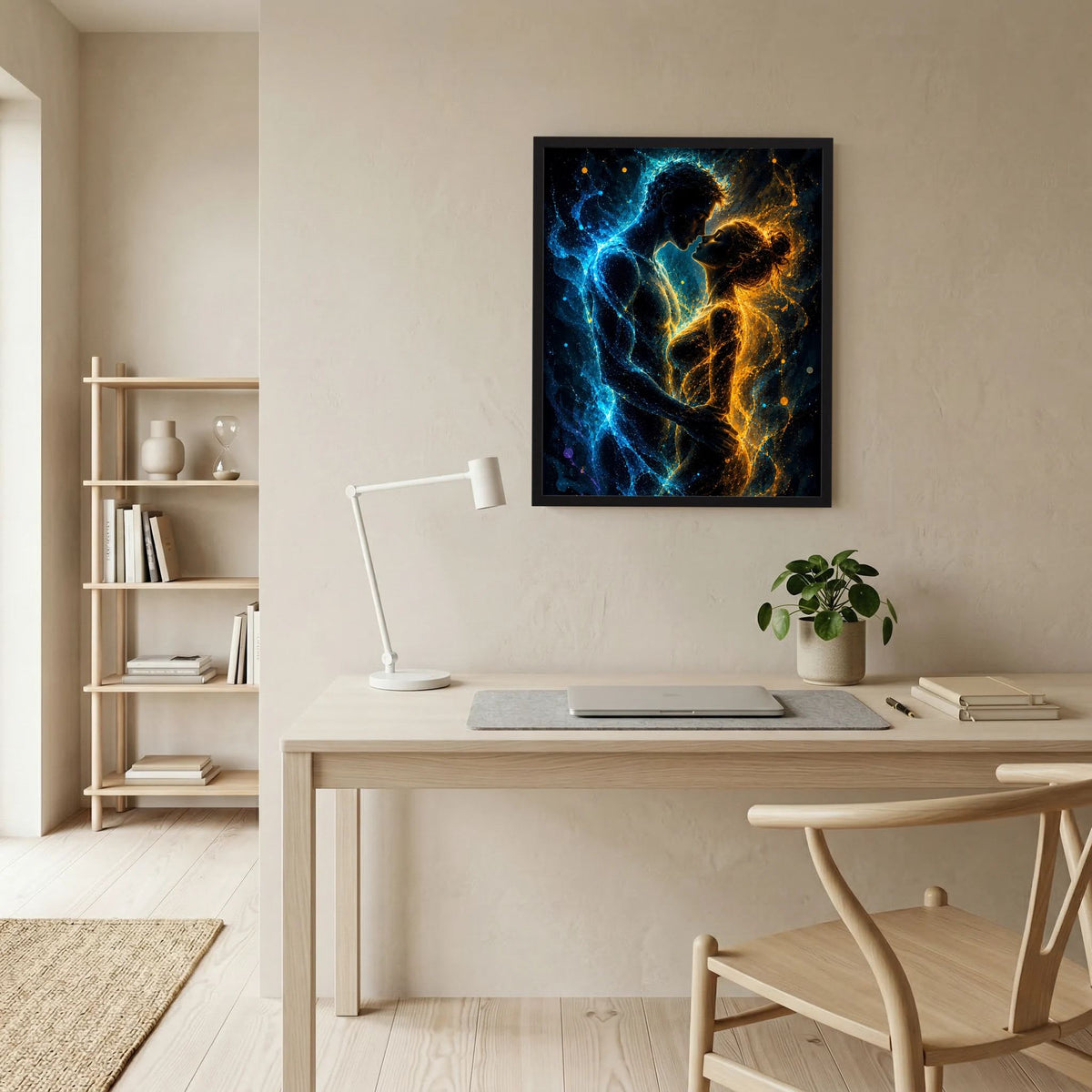 Hochkant-Poster im schwarzen Rahmen mit abstraktem Paar in Blau und Gold.