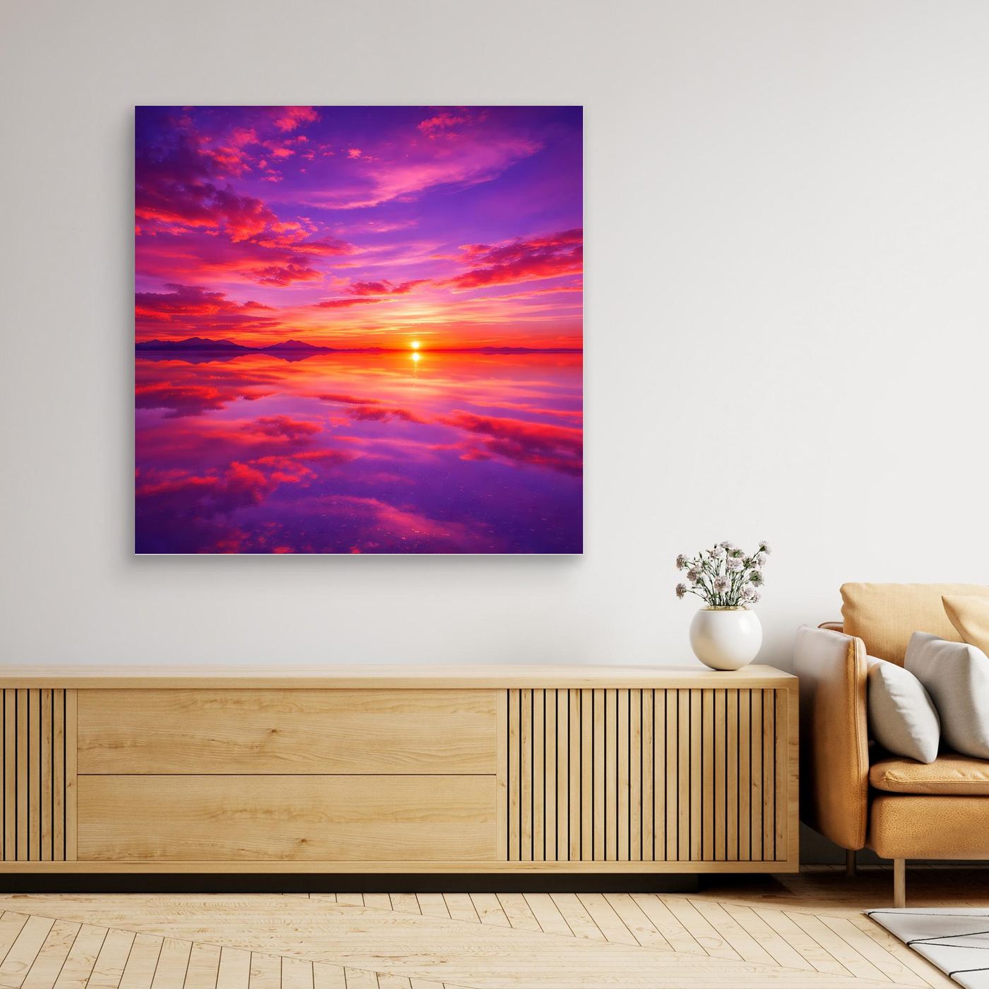 Leinwandbild mit Sonnenuntergang über dem Meer, leuchtender Horizont, ohne klaren Rahmen