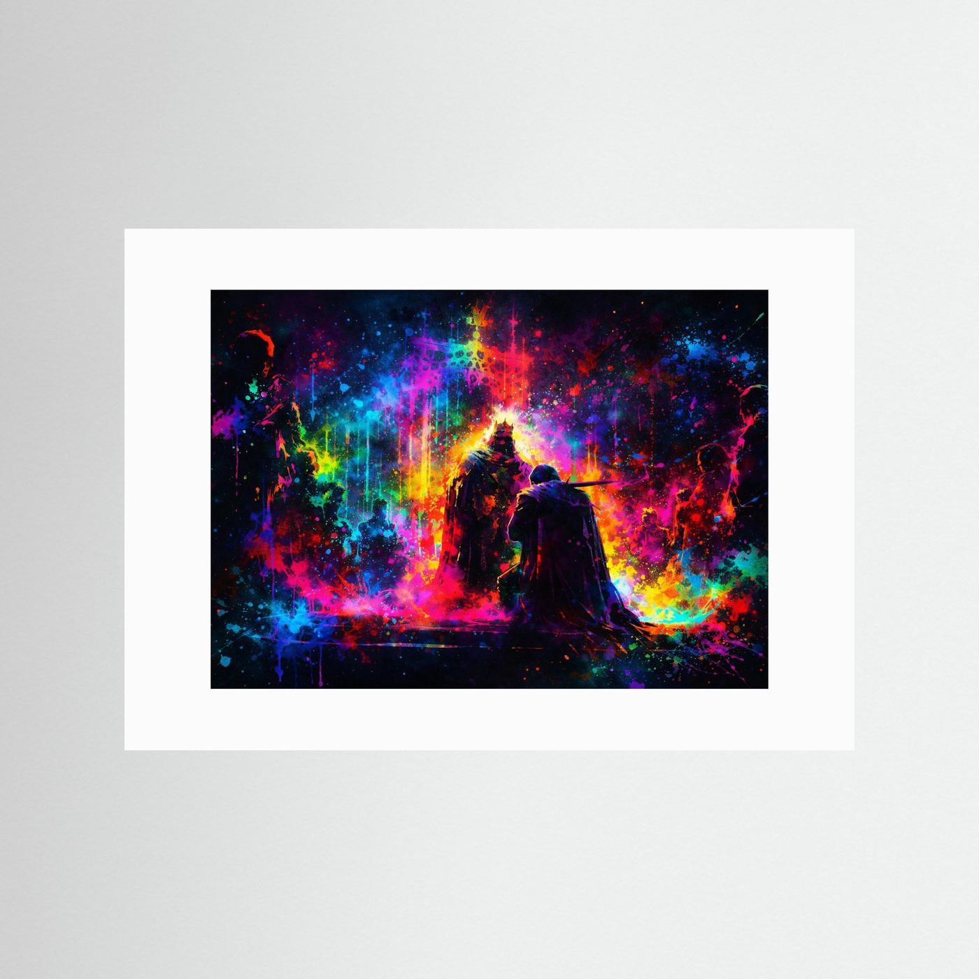 Wandbild mit buntem Fantasy-Motiv: Königskrone und Silhouette mit Umhang, weißer Rahmen