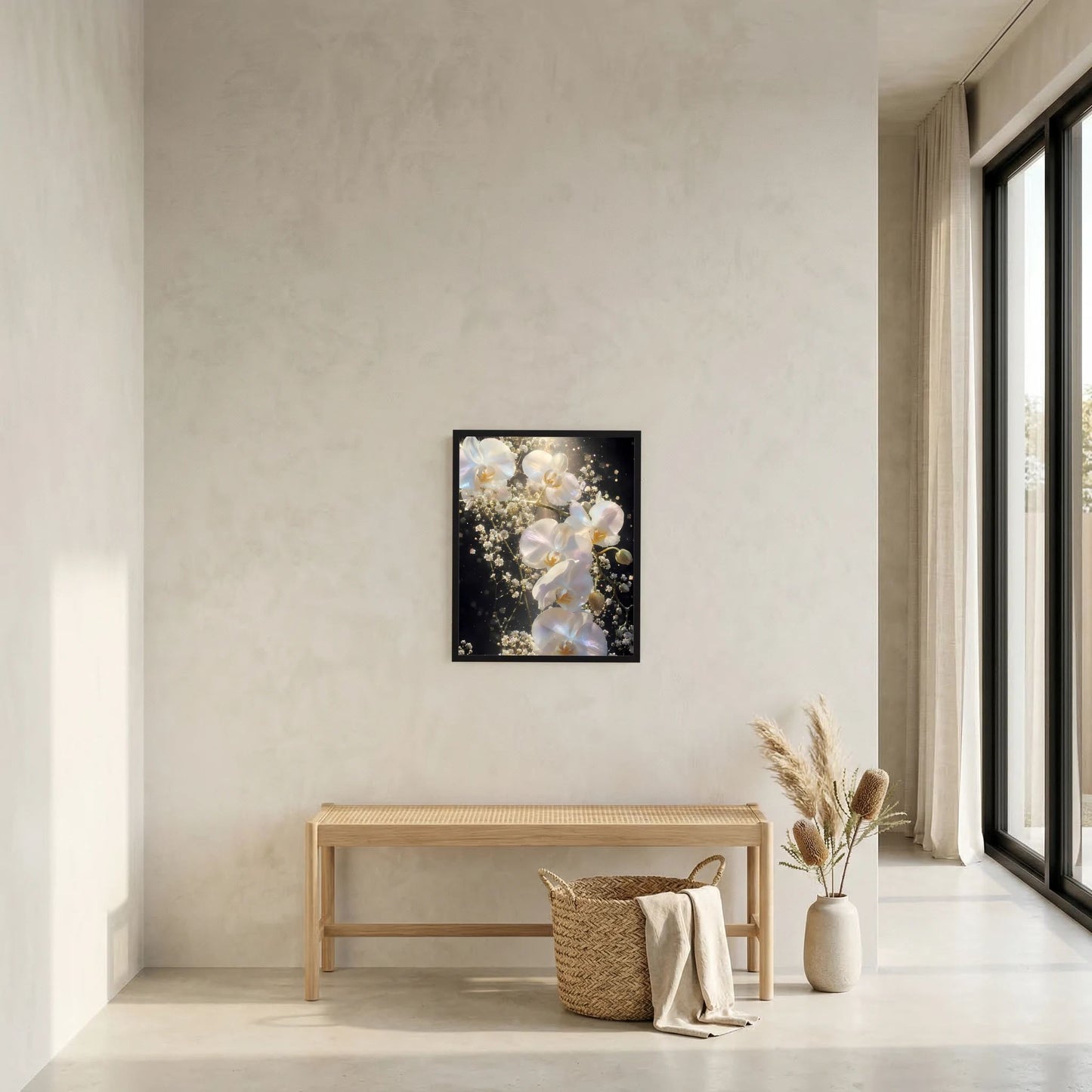 Quadratisches Blumenposter mit weißen Orchideen und goldenen Lichtern, schwarz gerahmt