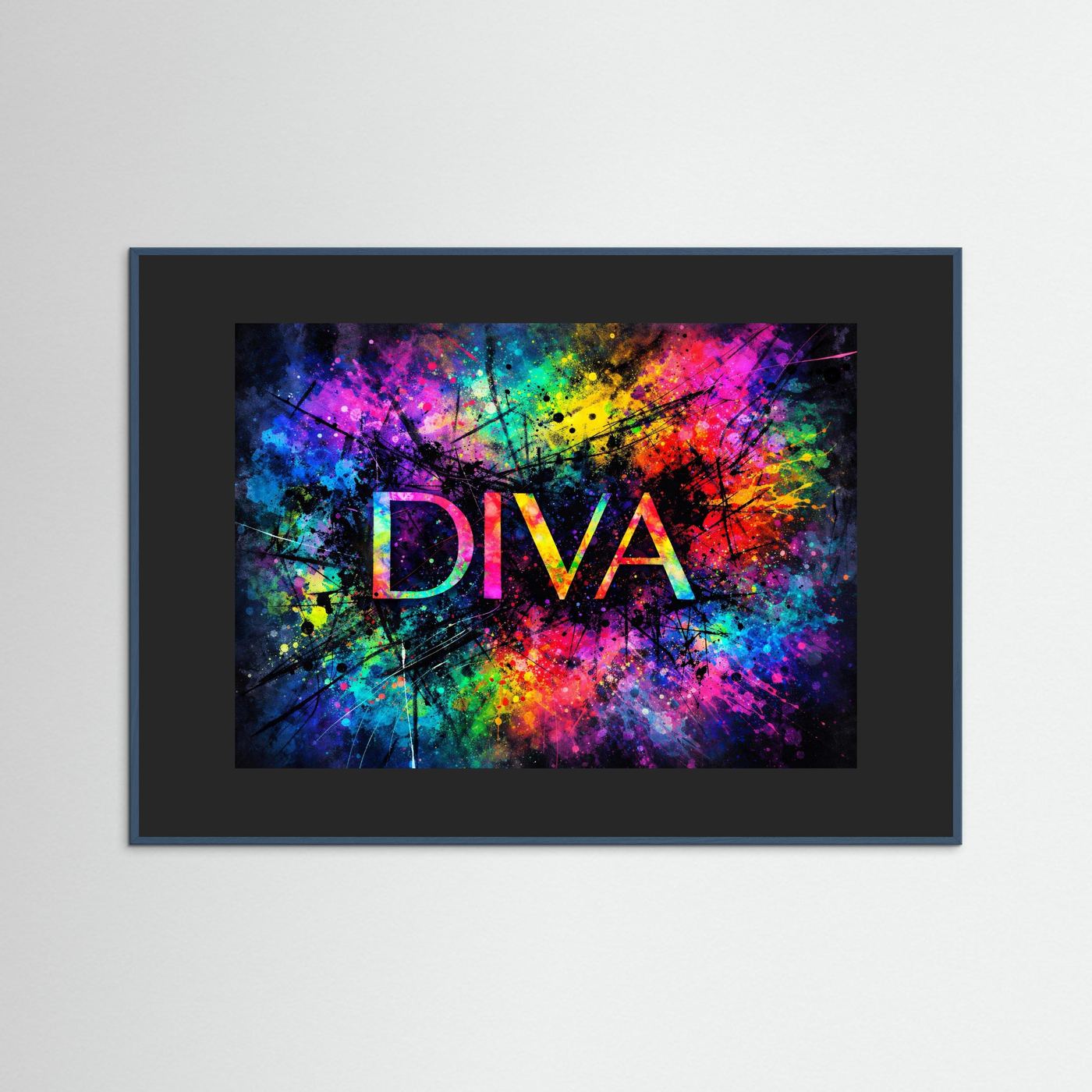 Gerahmtes Wandbild mit DIVA-Schriftzug im bunten Farbspritzer-Design, schwarzer Rahmen