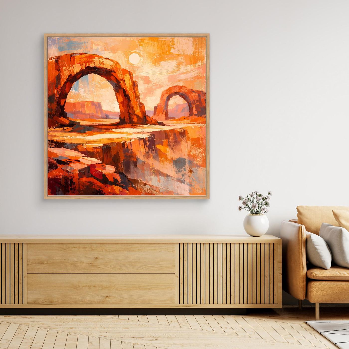 Leinwand-Wandbild mit orange-roten Bögen, Canyonfelsen und hellem Lichtkreis in warmen Farbtönen.