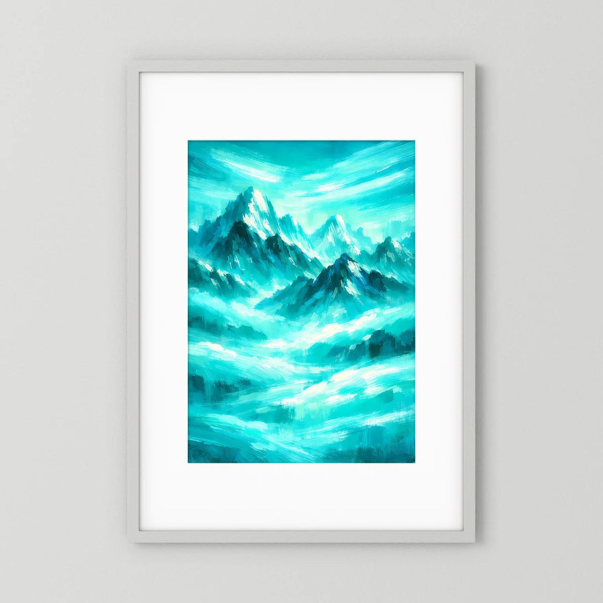 Türkises abstraktes Berglandschafts-Poster im Hochformat mit weißen Akzenten, im Rahmen