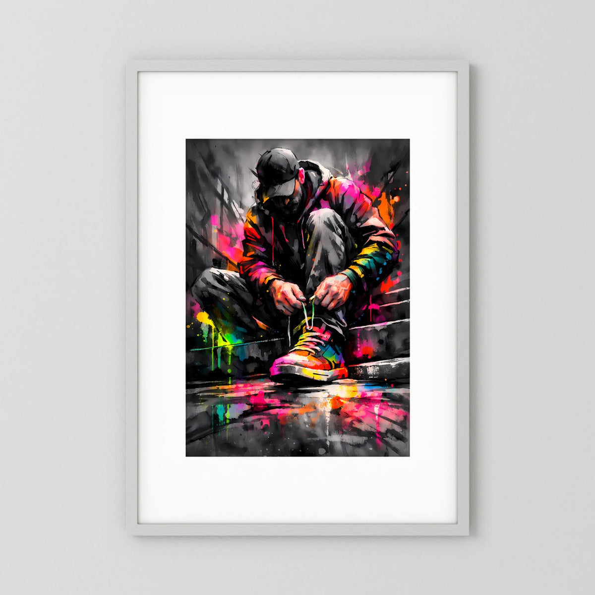 Gerahmtes Hochformat-Poster mit farbenfrohem abstraktem Vogelmotiv