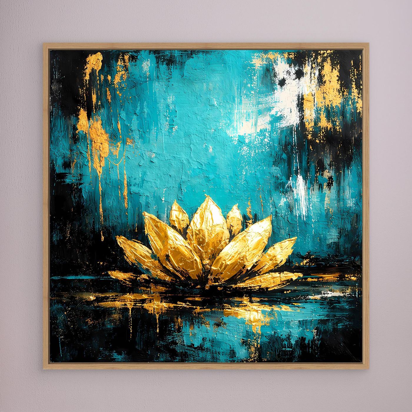 Leinwand-Wandbild mit abstrakter Lotusblüte in Türkis und Gold, goldbraun gerahmt