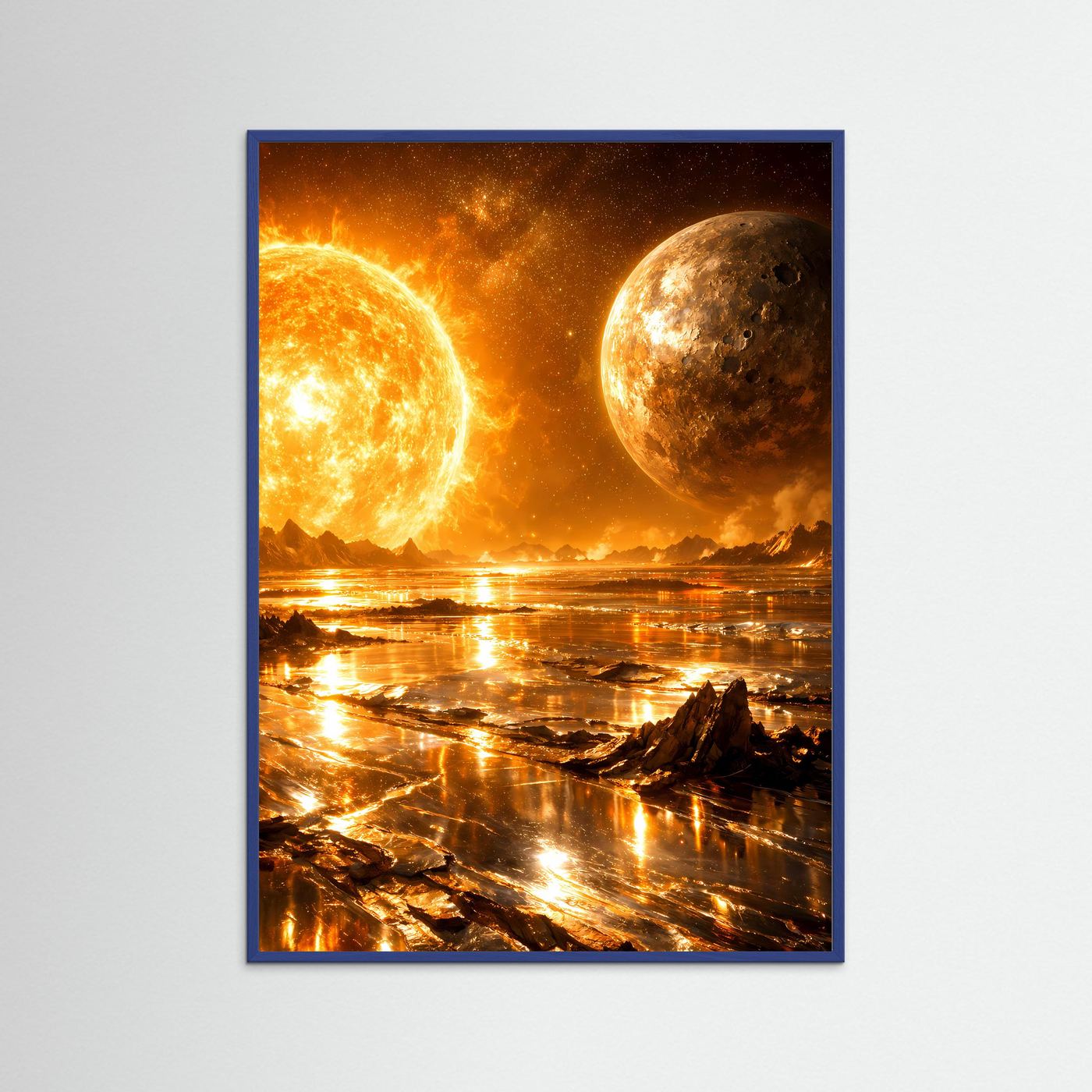 Weltraum-Poster im Hochformat mit blauem Holzrahmen: leuchtender Feuerplanet und Mond am Himmel.