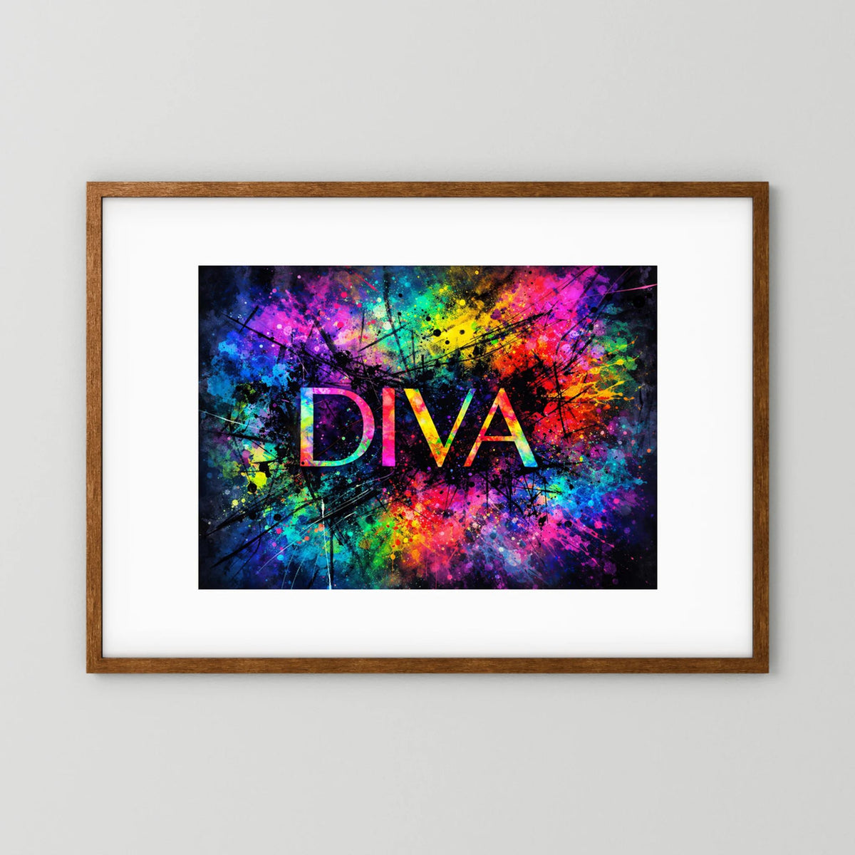 Wandbild „DIVA“ im hellbraunen Holzrahmen mit abstraktem Neon-Farbdesign