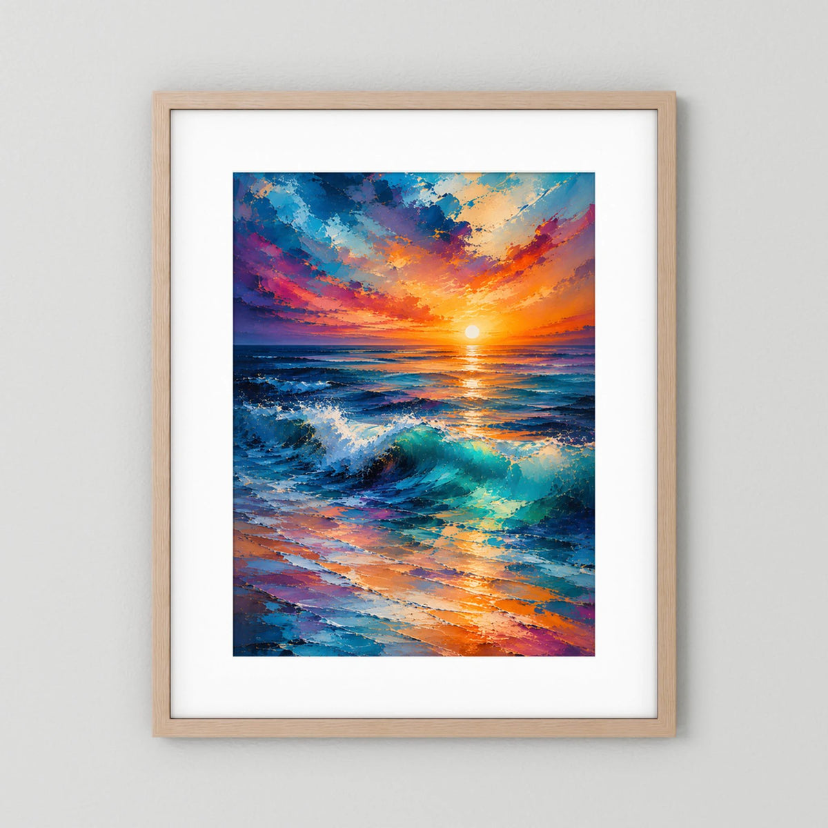 Hochformat-Poster Sonnenuntergang am Meer, blaue und orange Wellen, naturholzfarbener Rahmen