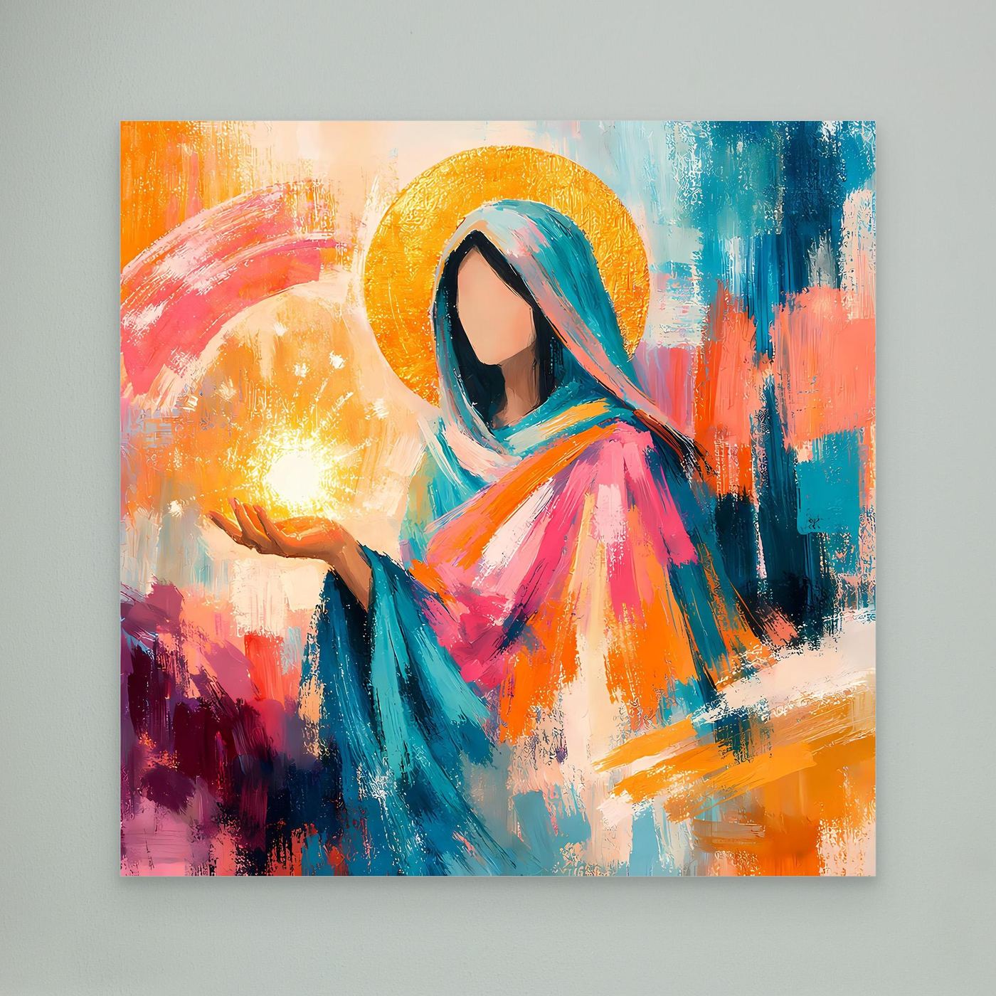 Wandbild: Mariafigur mit Heiligenschein, buntes Gewand und Kerzenlicht, abstrakte Pinselstriche